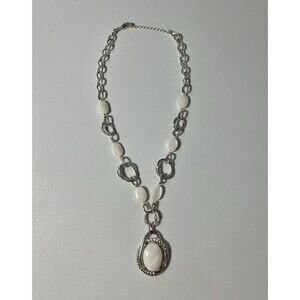 Etienne Aigner Chain Necklace Oval White Pearl Shell Cabochon Pendant